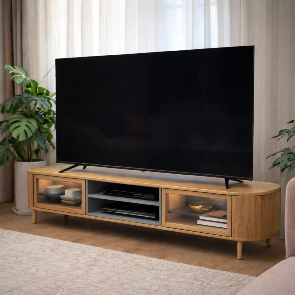 میز ال‌سی‌دی پایه‌دار ویترینی لبه‌گرد مدل LUMIA