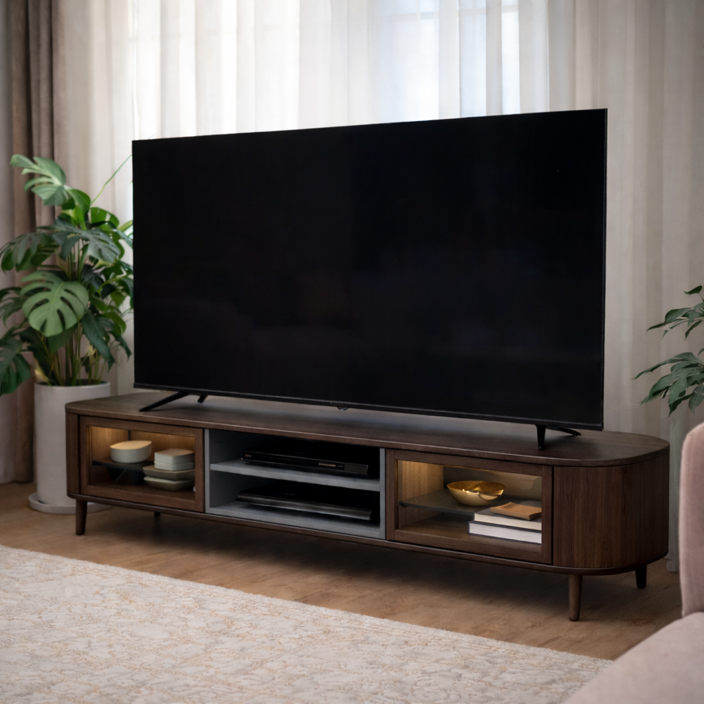 میز ال‌سی‌دی پایه‌دار ویترینی لبه‌گرد مدل NORDIC